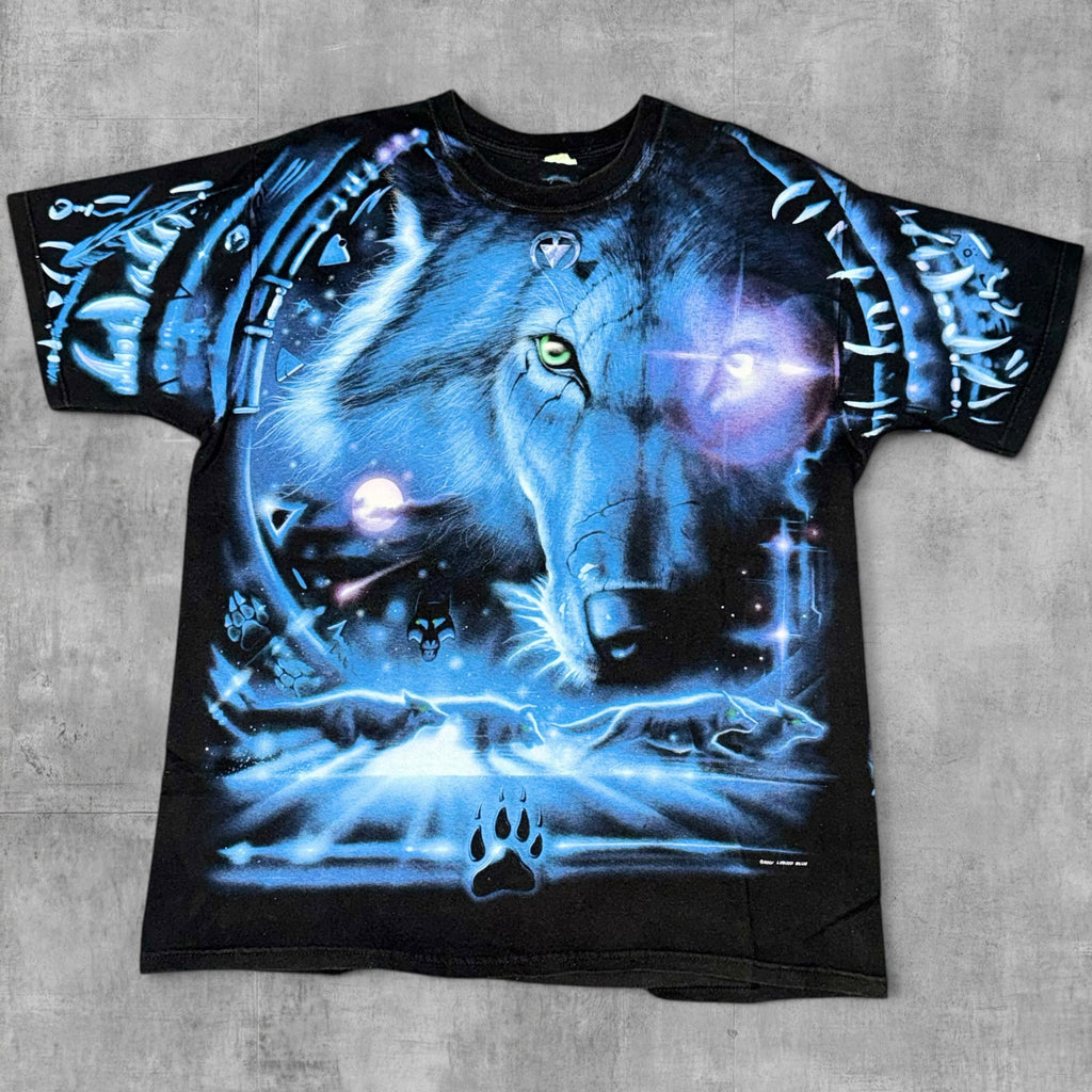 VINTAGE NATIVE AMERICAN WOLF AOP LIQUID BLUE TEE - 2001 - XL