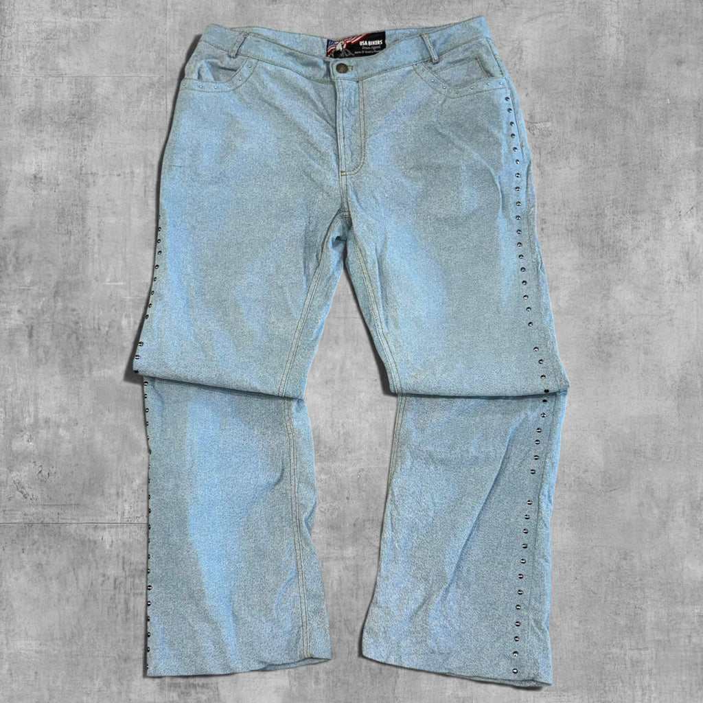 VINTAGE USA BIKERS DREAM APPAREL WAXED DENIM JEANS - 14X34