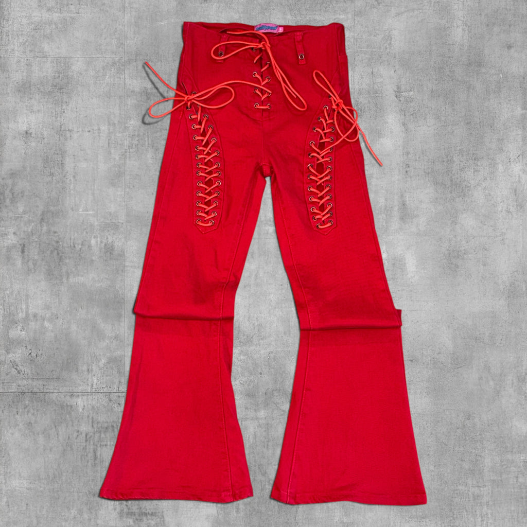 EDIKTED LACE FRONT DENIM FLARES - 5X28
