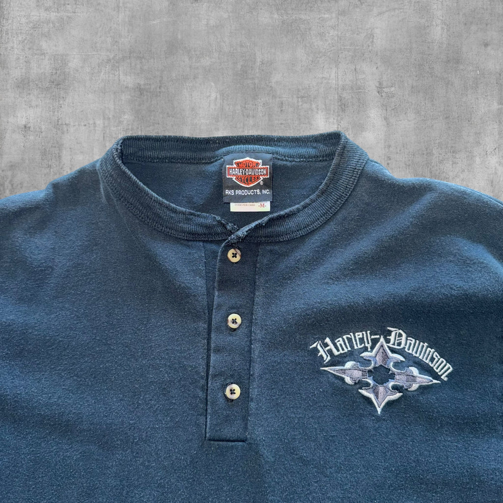 VINTAGE HARLEY DAVIDSON KILLER CREEK EMBROIDERED 1/4 BUTTON TEE - M