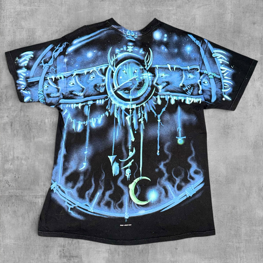 VINTAGE NATIVE AMERICAN WOLF AOP LIQUID BLUE TEE - 2001 - XL