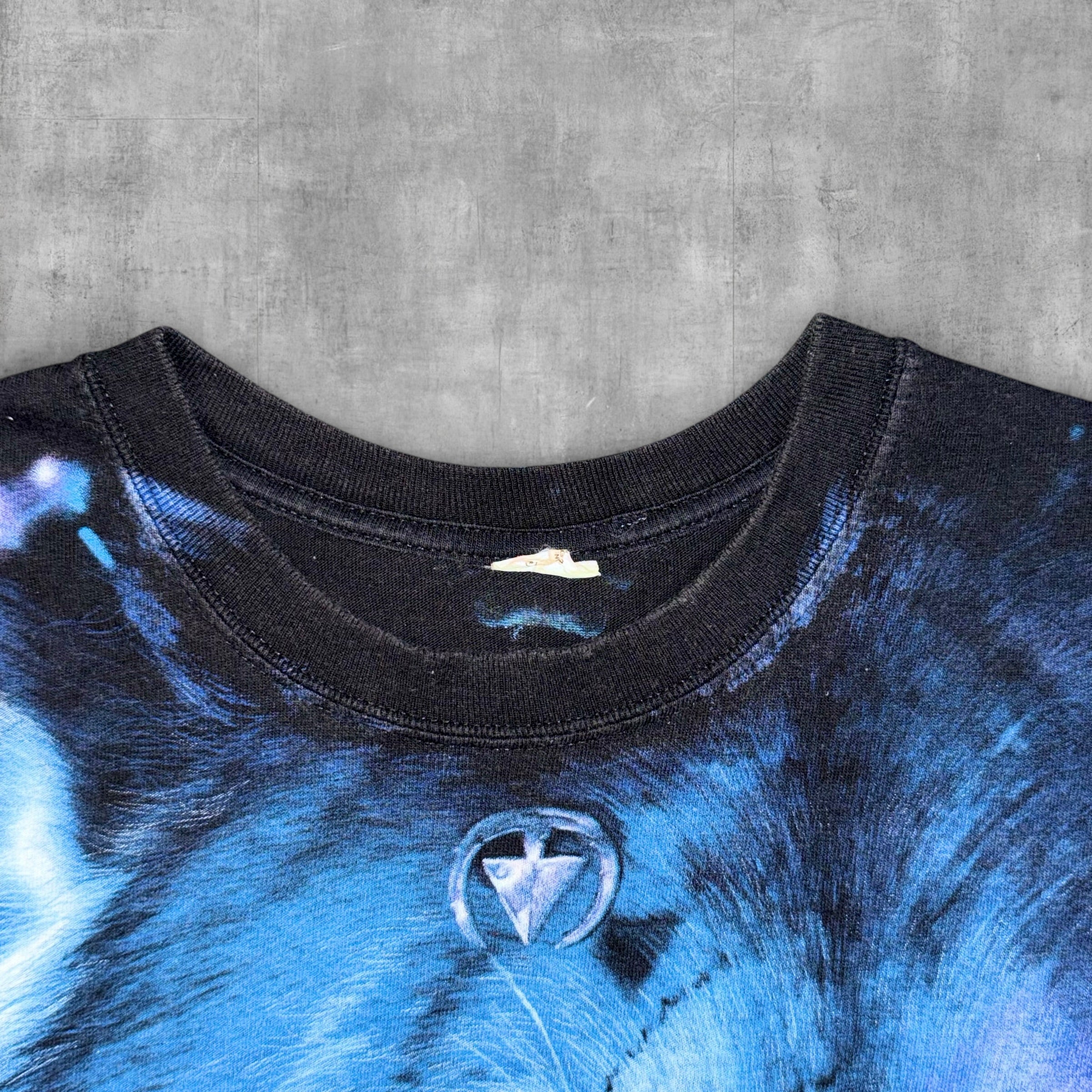 VINTAGE NATIVE AMERICAN WOLF AOP LIQUID BLUE TEE - 2001 - XL